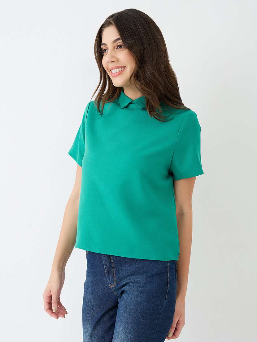 women green short sleeves collared neck back button shirt style workwear top - 21918969 -  Standard Image - 1