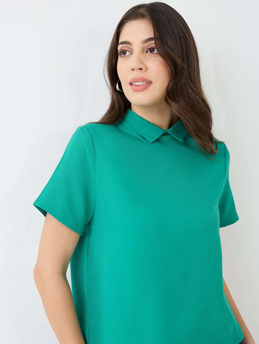 women green short sleeves collared neck back button shirt style workwear top - 21918969 -  Standard Image - 4
