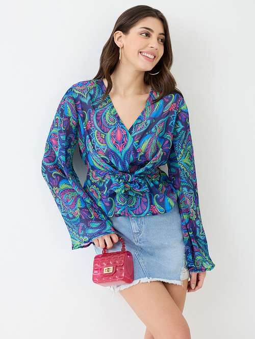women blue georgette paisley print v-neck wrap waist tie-up flared sleeves peplum top - 21918973 -  Standard Image - 0