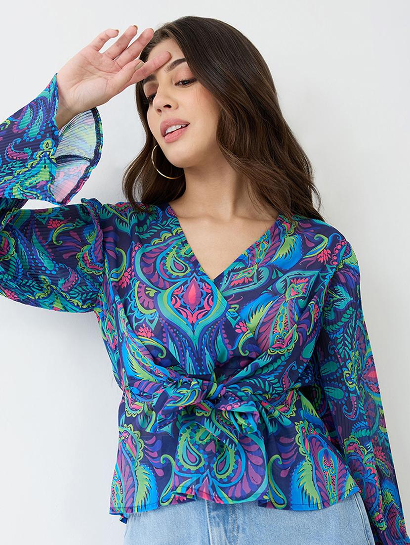 women blue georgette paisley print v-neck wrap waist tie-up flared sleeves peplum top - 21918973 - Standard Image - 1
