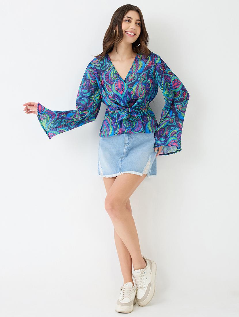 women blue georgette paisley print v-neck wrap waist tie-up flared sleeves peplum top - 21918973 - Standard Image - 4