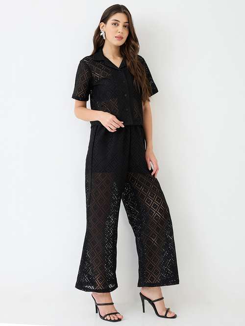 women black notched lapel short sleeves crochet shirt & wide leg trousers co-ord set