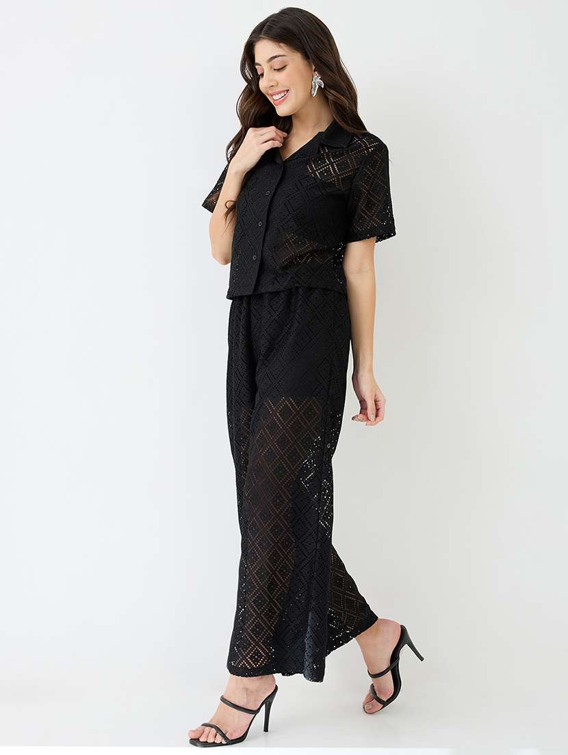 women black notched lapel short sleeves crochet shirt & wide leg trousers co-ord set - 21918976 -  Standard Image - 1