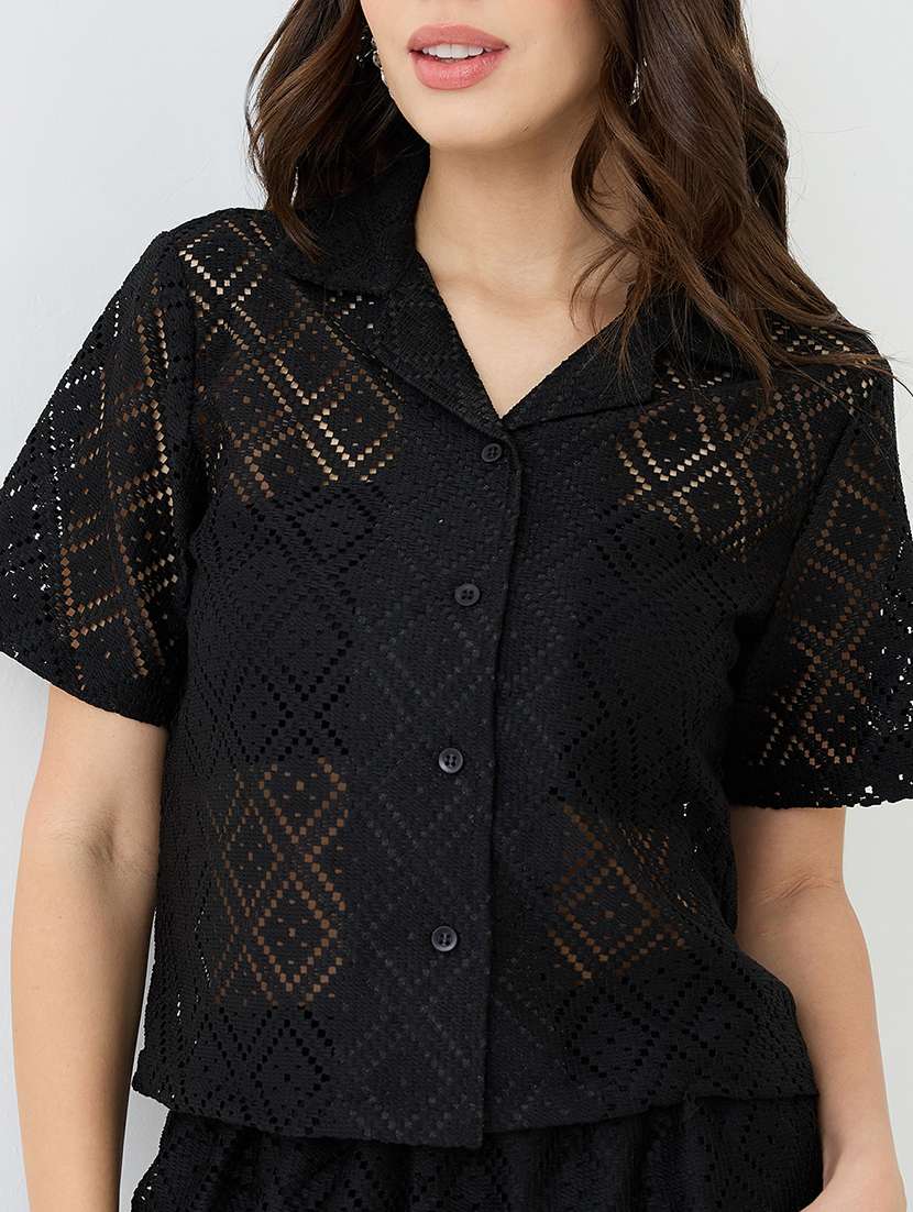 women black notched lapel short sleeves crochet shirt & wide leg trousers co-ord set - 21918976 -  Standard Image - 4