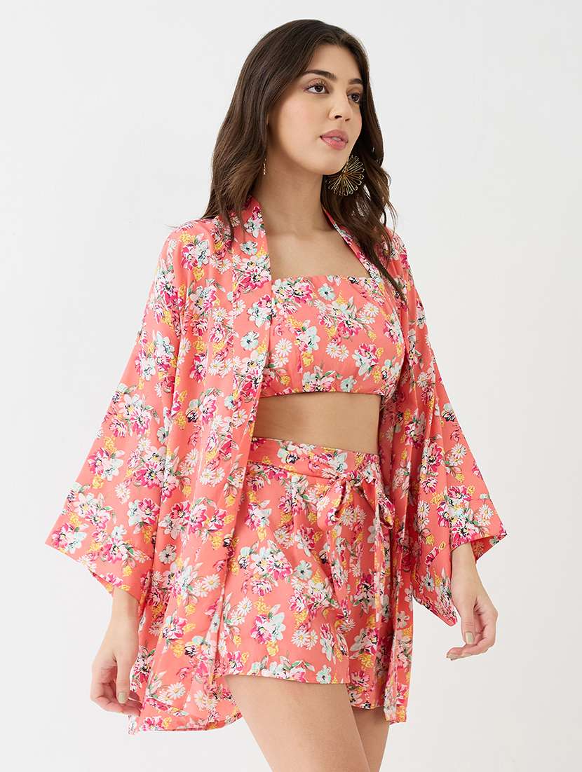 women peach square neck strappy shoulder floral print crop top with shorts & kimono sleeves shrug co-ord set - 21918978 -  Standard Image - 1