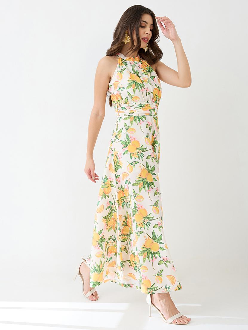 women yellow floral & fruit print halter neck pleated detail flared fusion jumpsuit - 21918981 - Standard Image - 1