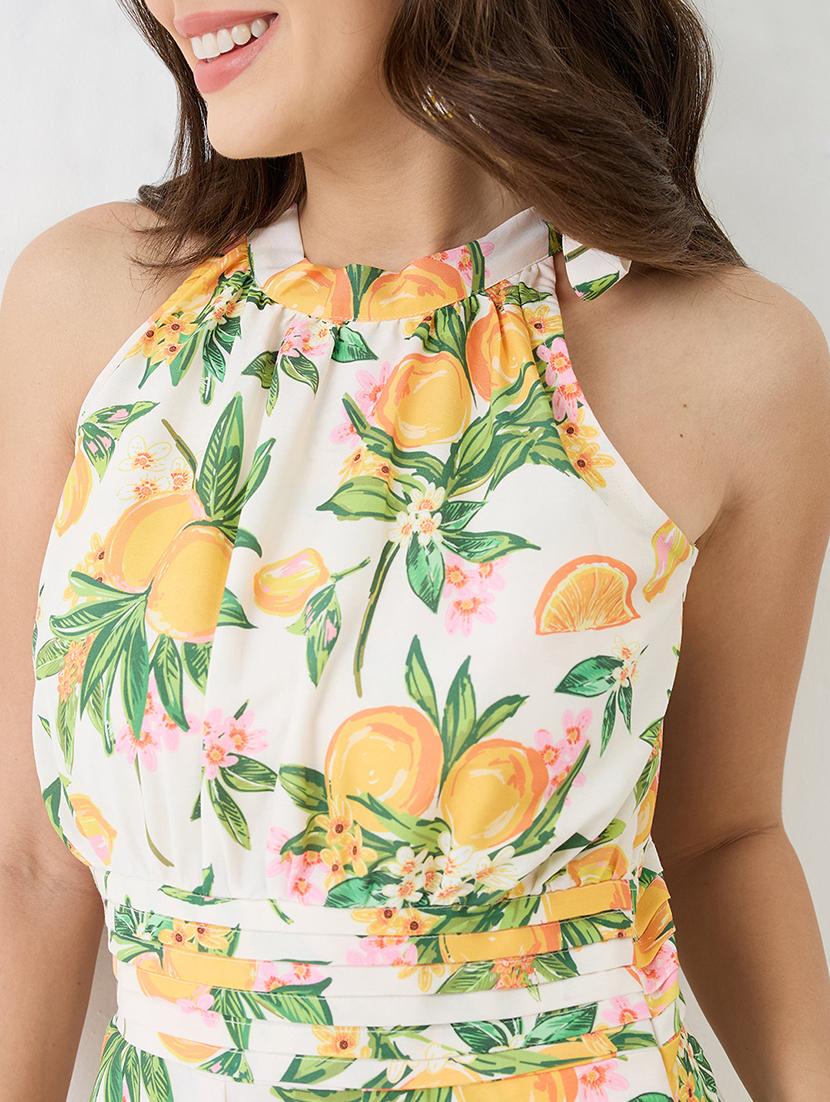 women yellow floral & fruit print halter neck pleated detail flared fusion jumpsuit - 21918981 - Standard Image - 4