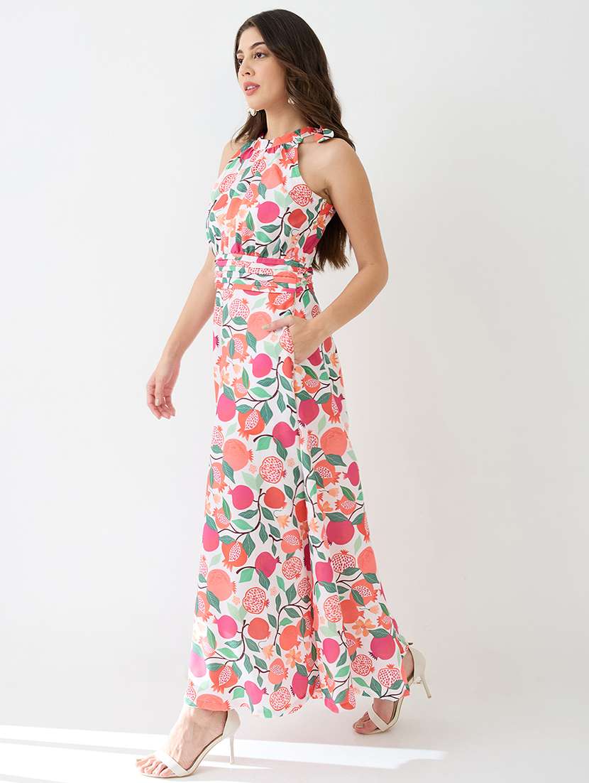 women pink floral & fruit print halter neck pleated detail flared fusion jumpsuit - 21918982 -  Standard Image - 1