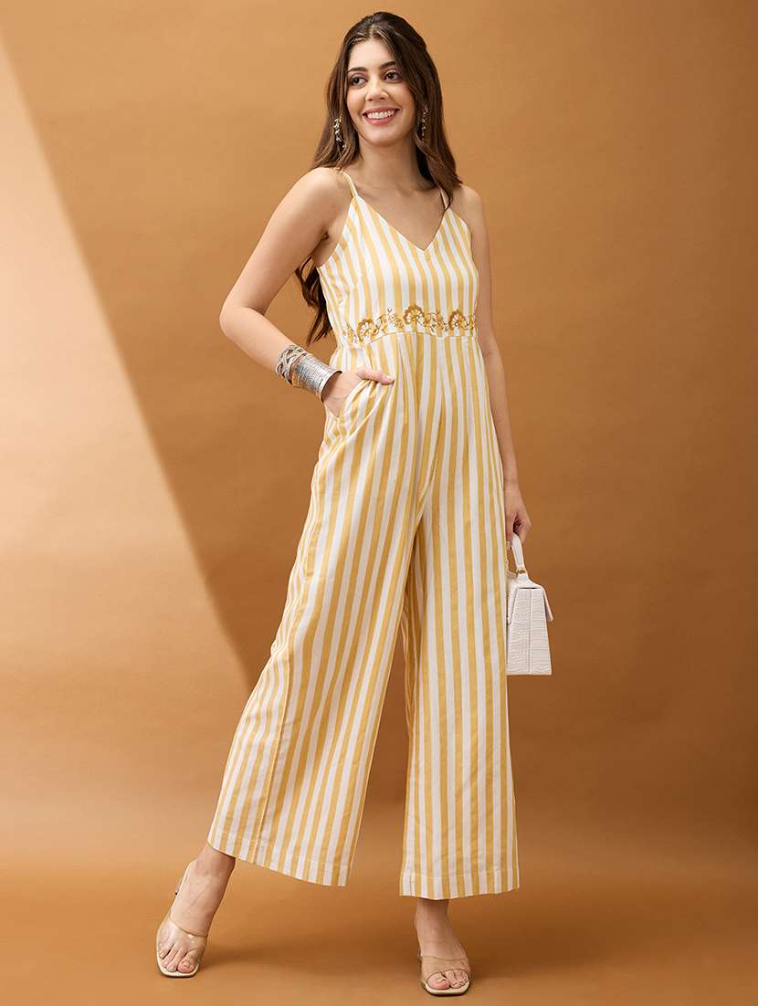 women yellow striped v-neck shoulder strap embroidered detail wide leg fusion jumpsuit