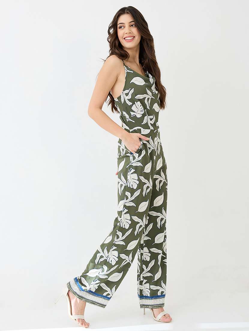 women green tropical printed cowl neck shoulder strap longline party jumpsuit - 21918985 -  Standard Image - 1