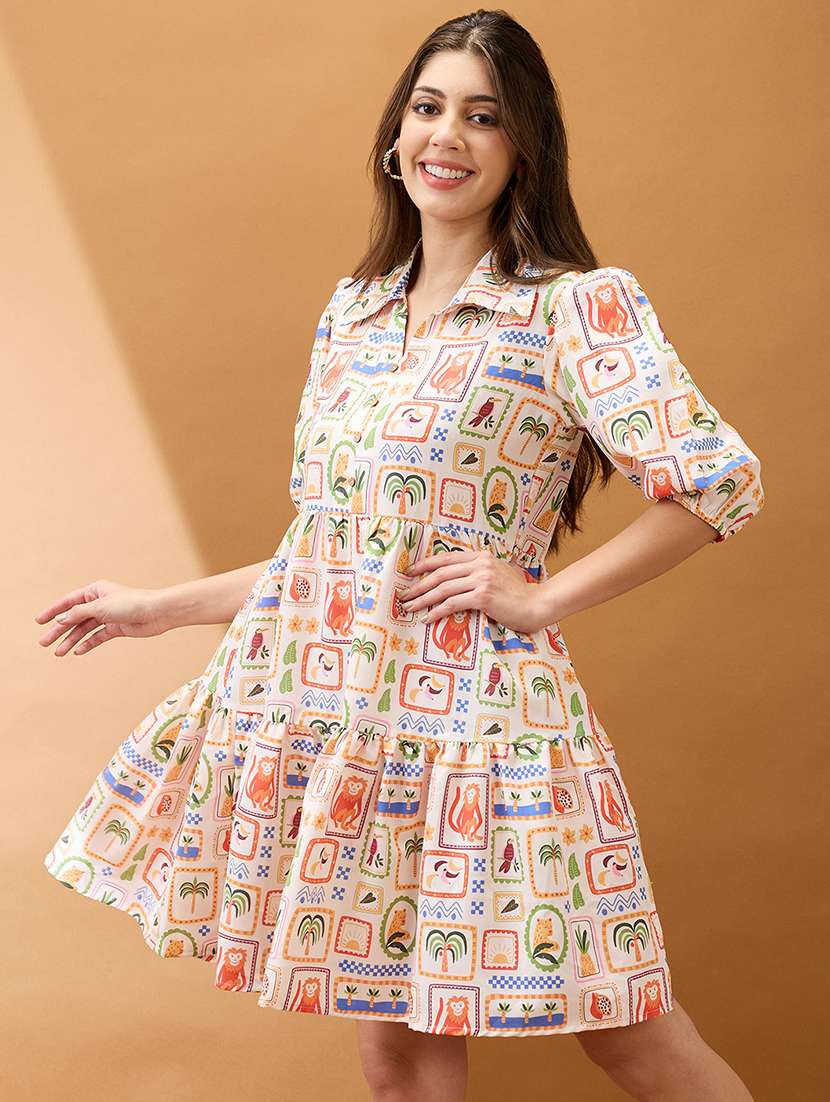 women off white shirt collar puff sleeves abstract print tiered a-line fusion dress - 21918986 -  Standard Image - 1