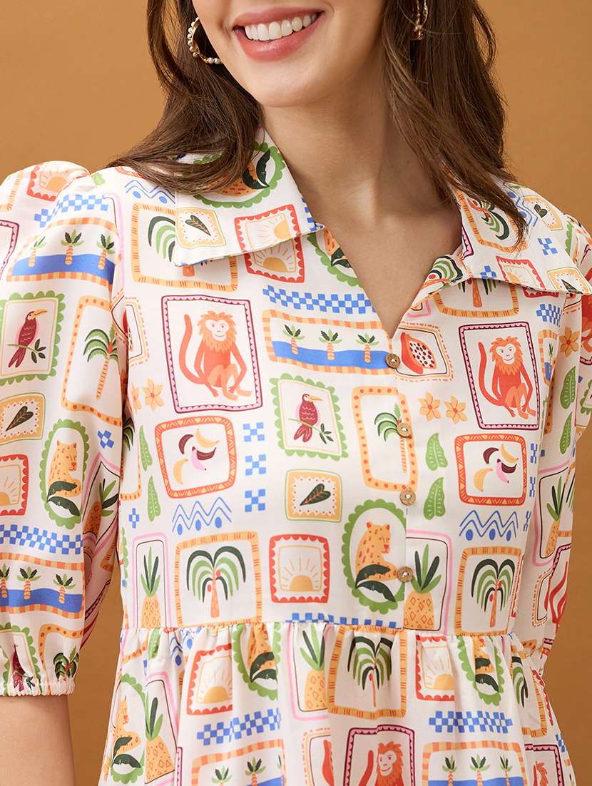 women off white shirt collar puff sleeves abstract print tiered a-line fusion dress - 21918986 -  Standard Image - 4