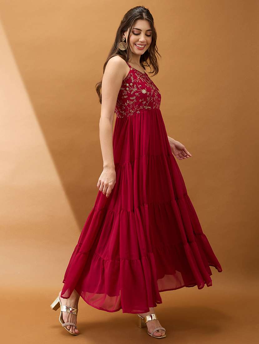 women maroon sweetheart neck strappy shoulder floral embroidered tiered maxi fit & flare festive dress - 21918987 -  Standard Image - 1