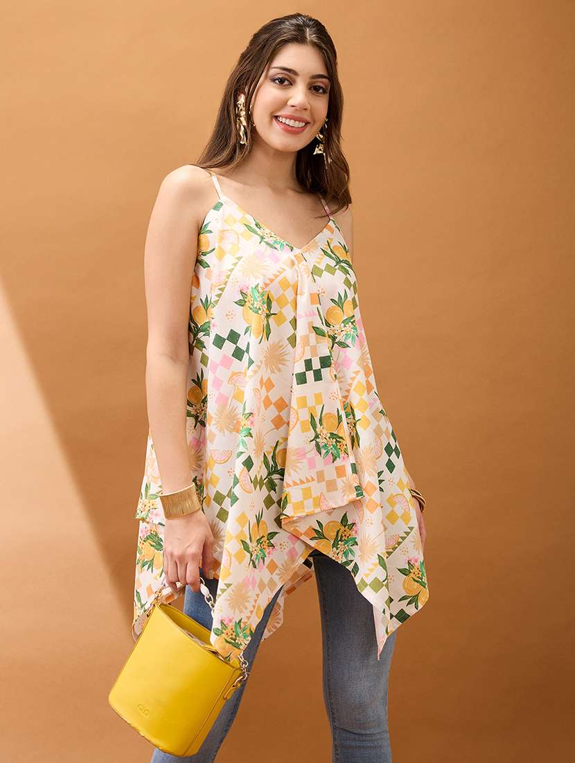 women off white v-neck strappy shoulder floral & fruit print asymmetric hem fusion tunic