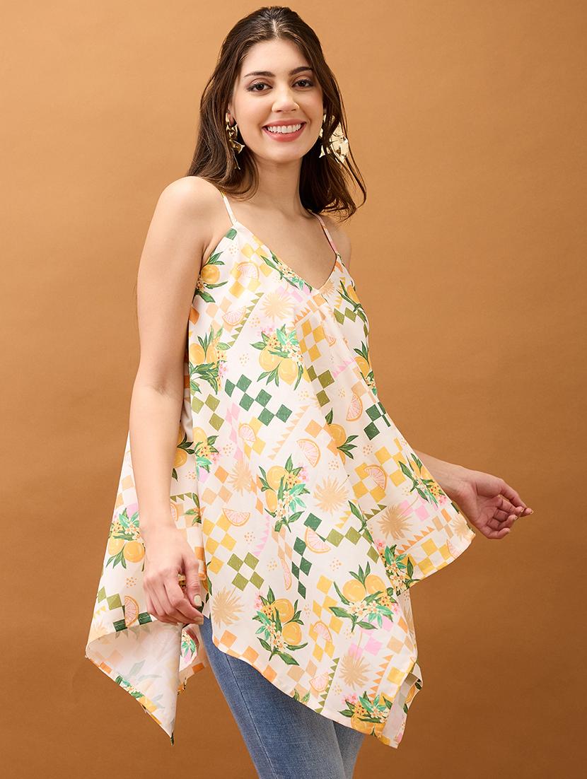 women off white v-neck strappy shoulder floral & fruit print asymmetric hem fusion tunic - 21918988 - Standard Image - 1