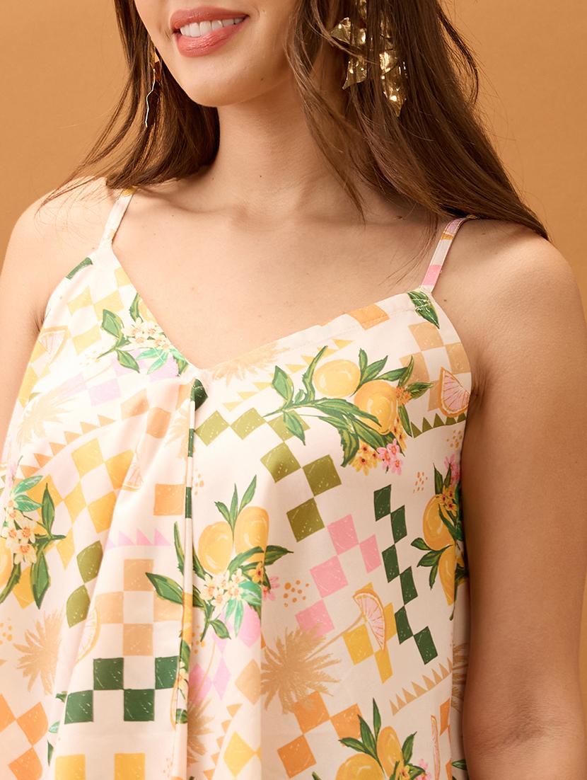 women off white v-neck strappy shoulder floral & fruit print asymmetric hem fusion tunic - 21918988 - Standard Image - 4