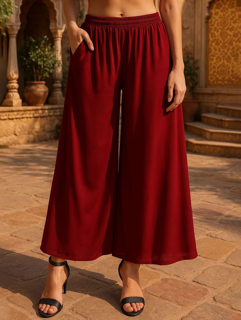 women solid mid rise flared palazzo