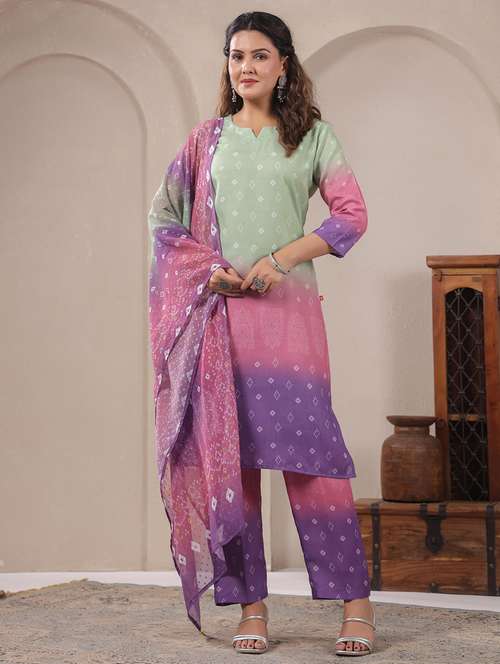 women three quarter sleeve kurta pant with dupatta set - 21919526 -  Standard Image - 0