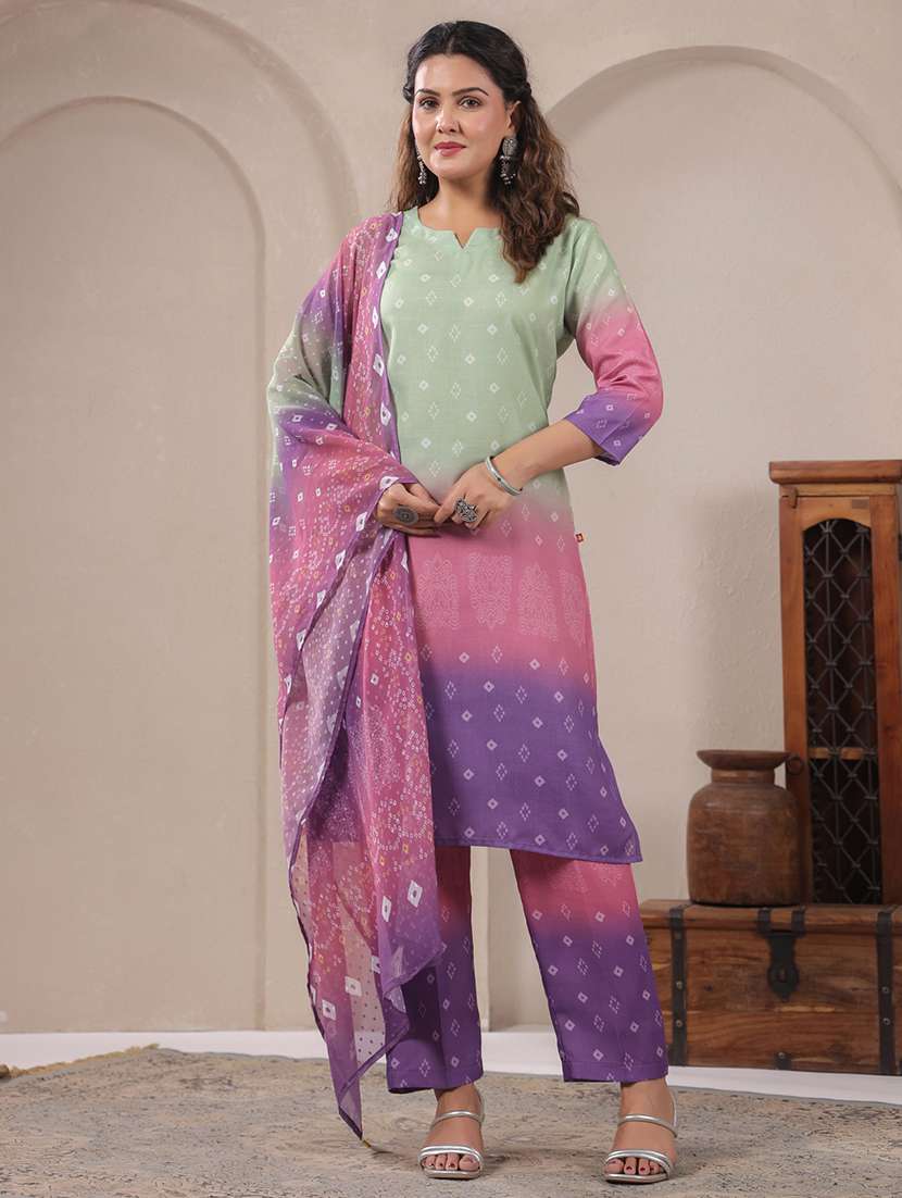 women three quarter sleeve kurta pant with dupatta set