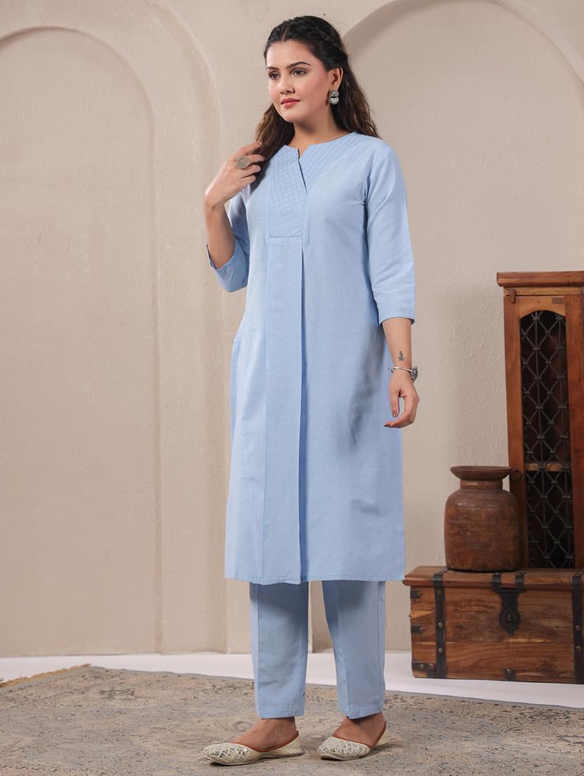women solid three quarter sleeve kurta pant set - 21919533 - Standard Image - 1