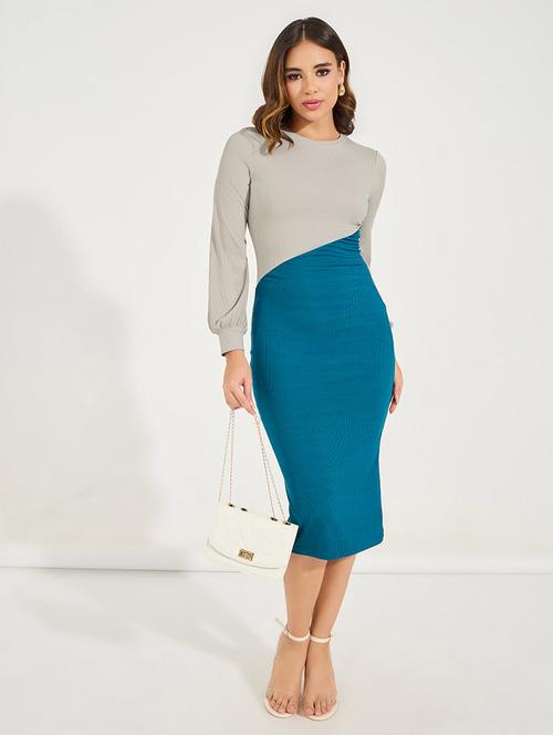women color blocked puff sleeves bodycon dress - 21919783 -  Standard Image - 0