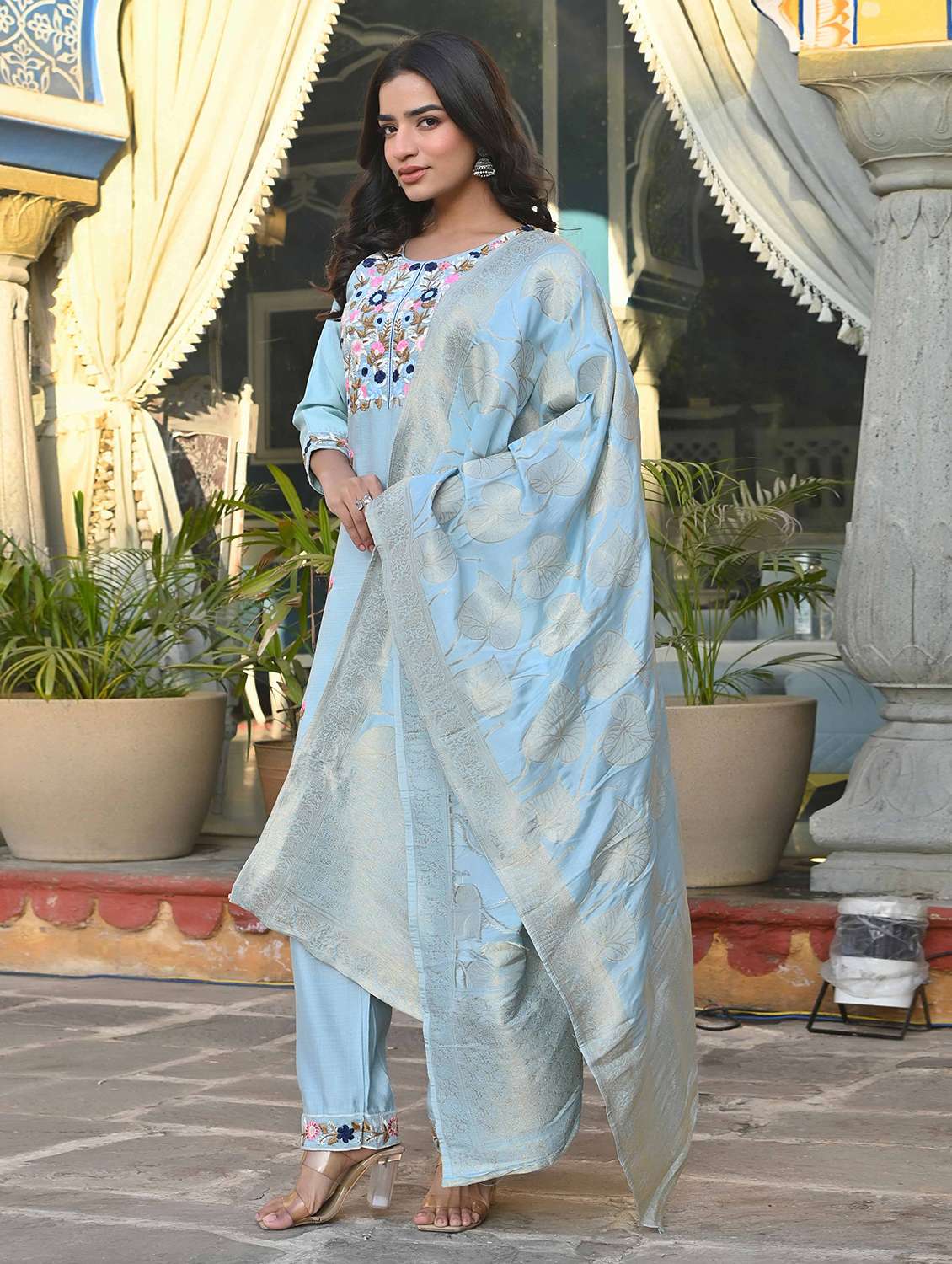 women three quarter sleeve kurta pant with dupatta set - 21919847 -  Standard Image - 1
