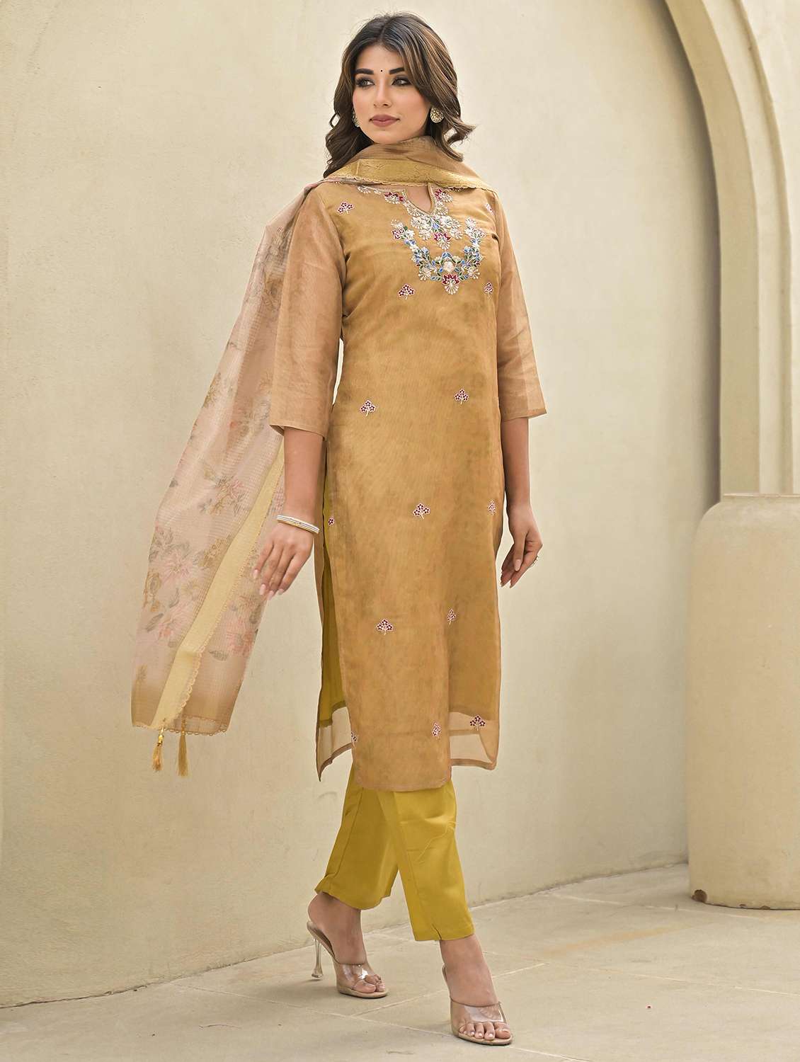 women three quarter sleeve kurta pant with dupatta set - 21919855 -  Standard Image - 1