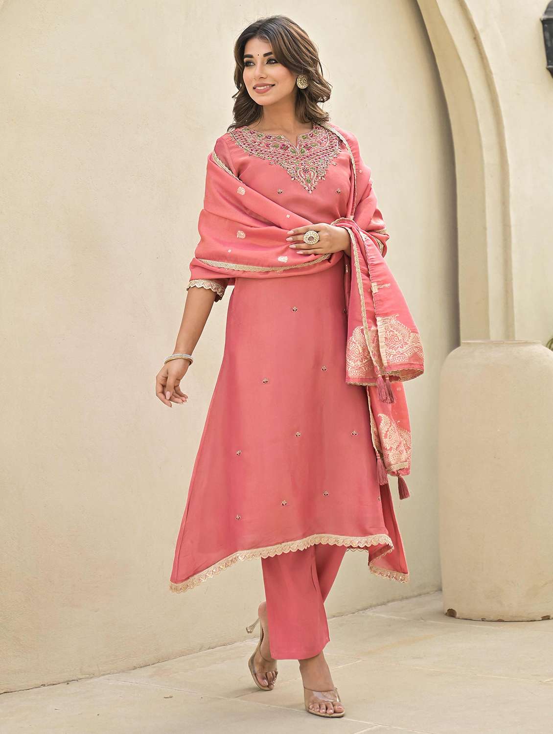 women three quarter sleeve kurta pant with dupatta set - 21919863 -  Standard Image - 1