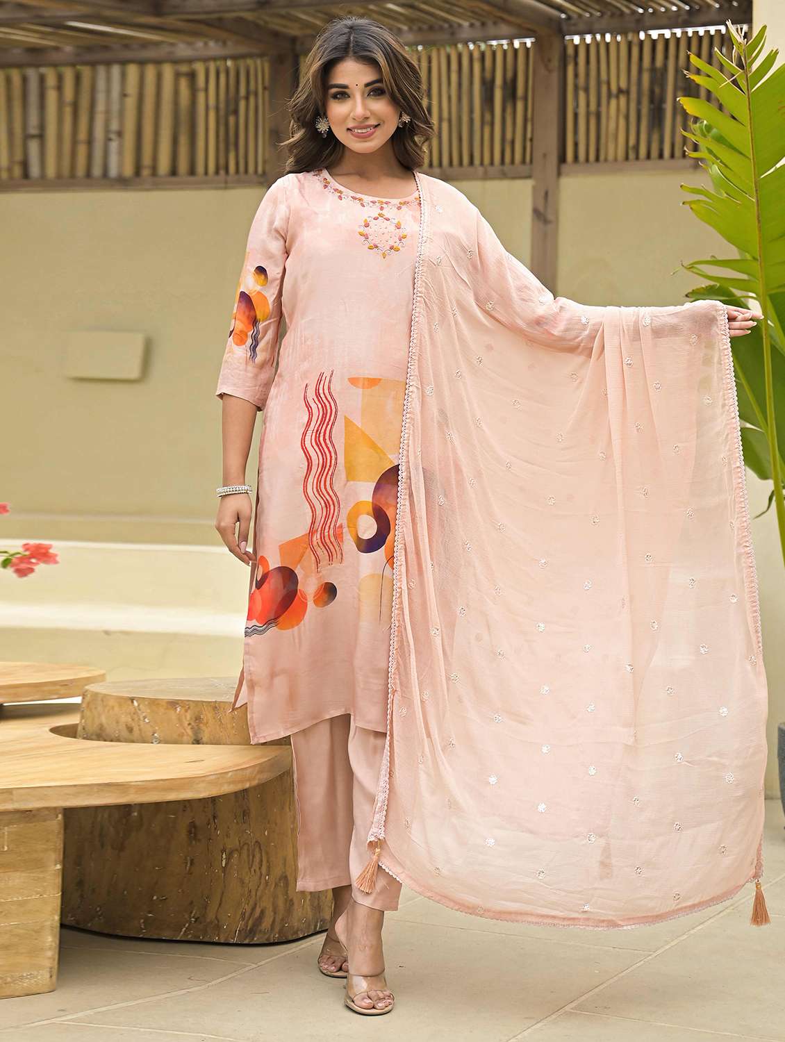 women three quarter sleeve kurta pant with dupatta set - 21919864 - Standard Image - 1