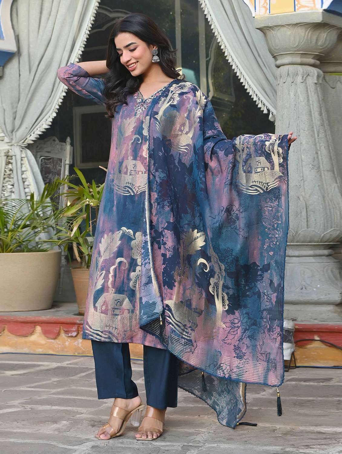 women three quarter sleeve kurta pant with dupatta set - 21919867 -  Standard Image - 1