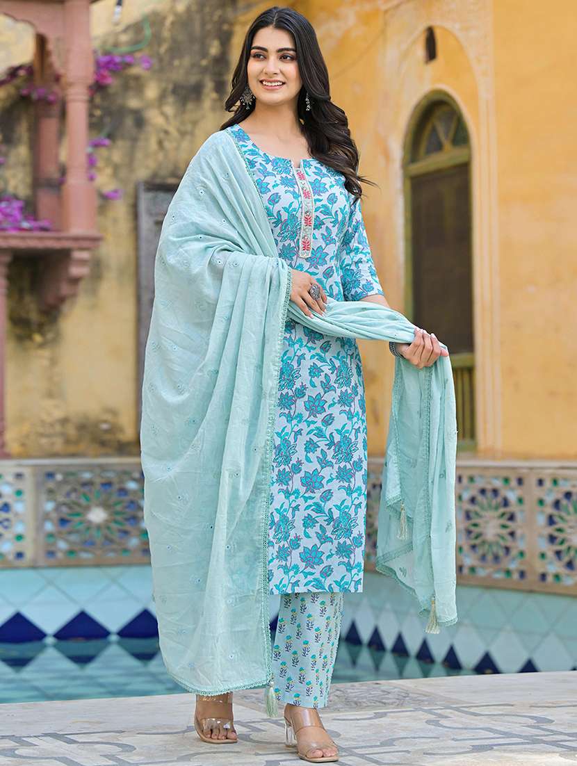 women three quarter sleeve kurta pant with dupatta set - 21919879 -  Standard Image - 1