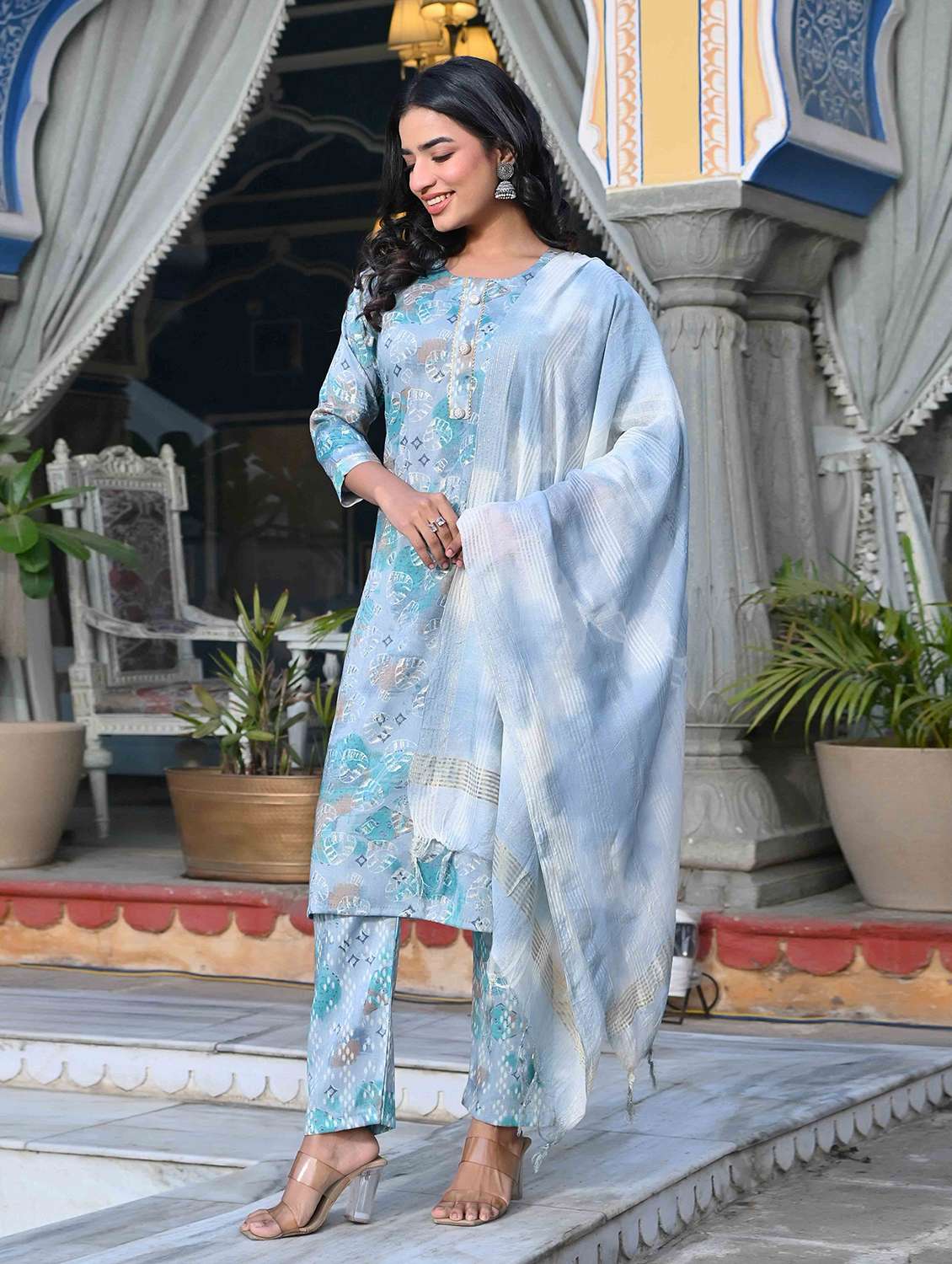 women three quarter sleeve kurta pant with dupatta set - 21919888 -  Standard Image - 1
