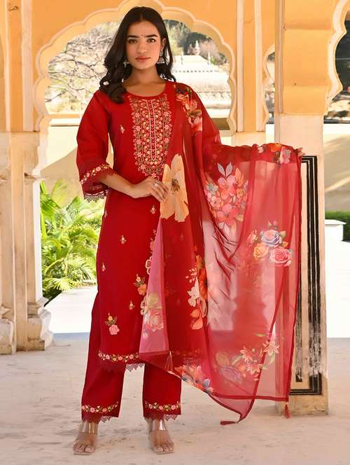 women three quarter sleeve kurta pant with dupatta set - 21919893 -  Standard Image - 0