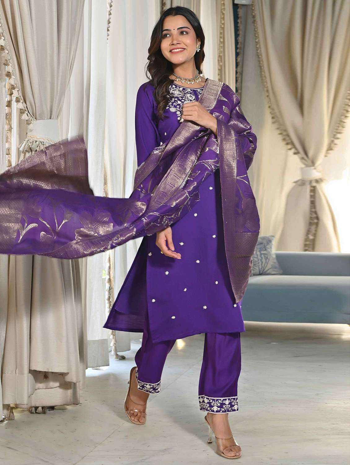 women three quarter sleeve kurta pant with dupatta set - 21919900 - Standard Image - 1