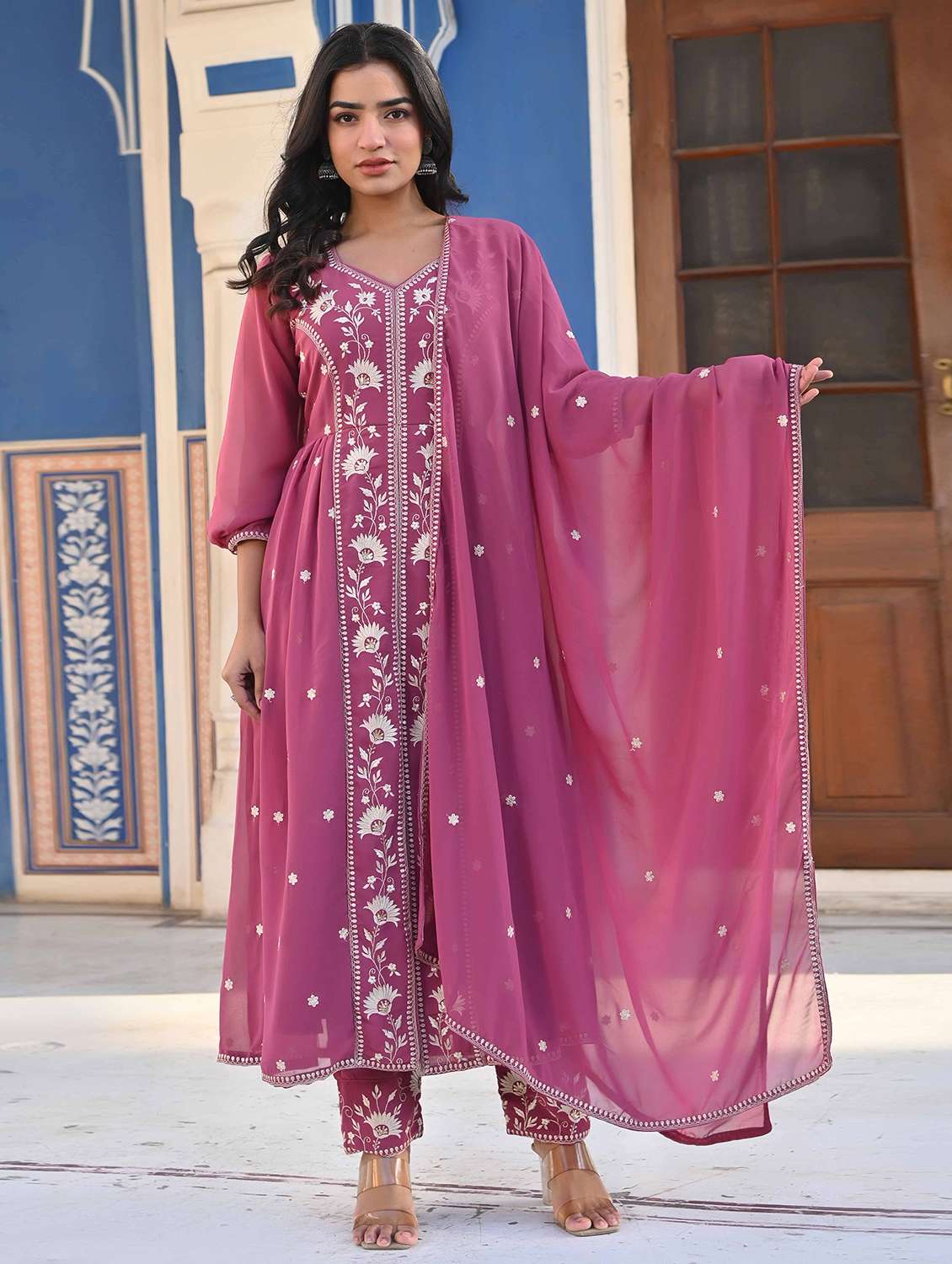 women three quarter sleeve kurta pant with dupatta set
