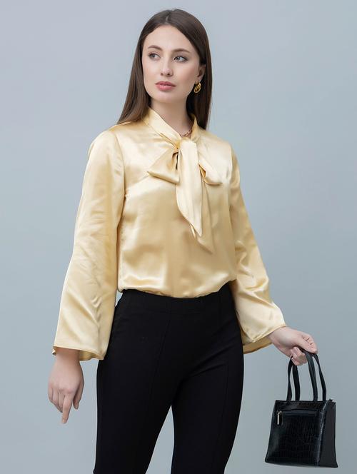 women solid tie upneck bell sleeves top - 21920157 - Standard Image - 0