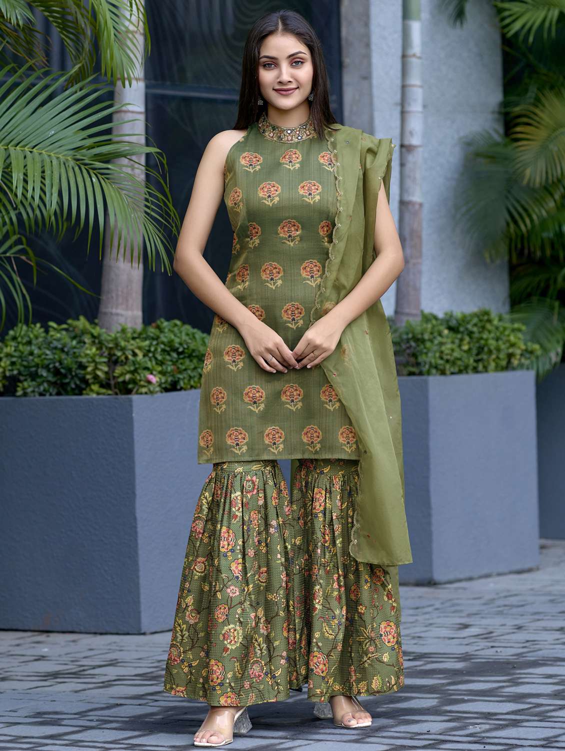women green floral printed kurta sharara dupatta set