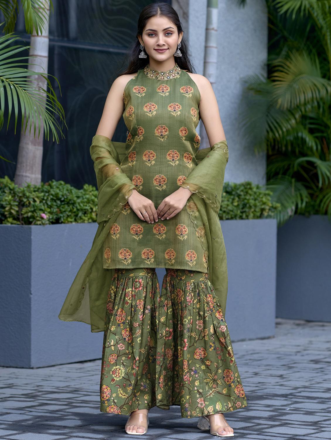 women green floral printed kurta sharara dupatta set - 21920169 - Standard Image - 1