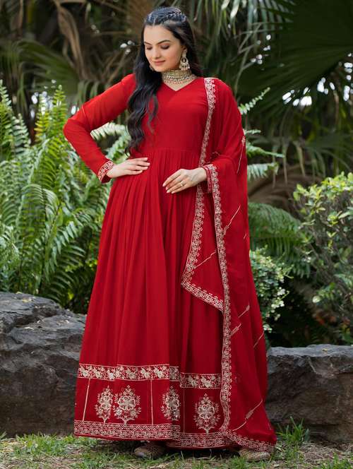 women embroidered long sleeve anarkali kurta with dupatta set - 21920943 -  Standard Image - 0