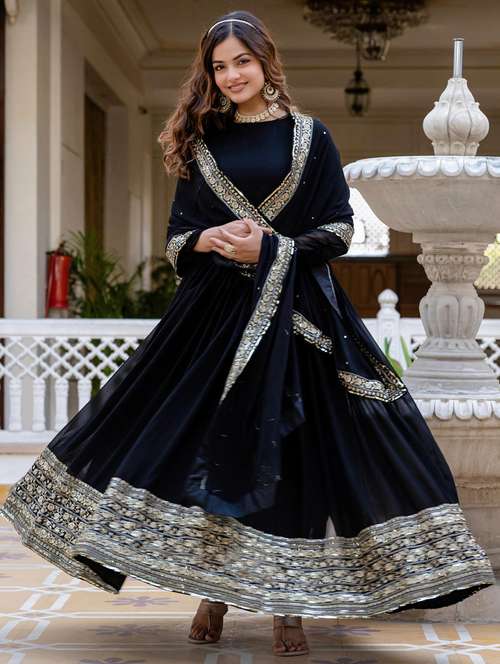 women embroidered long sleeve anarkali kurta with dupatta set - 21920944 -  Standard Image - 0