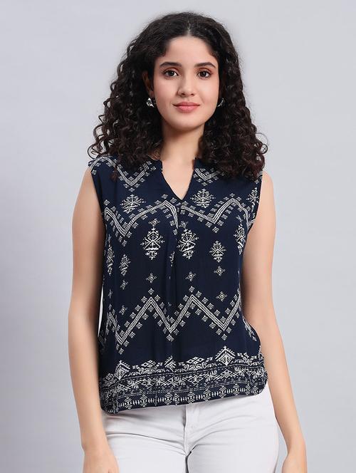 women printed mandarin neck sleeveless top - 21921163 -  Standard Image - 0