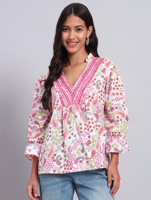 women printed puff sleeves mandarin neck top - 21921170 -  Standard Image - 0
