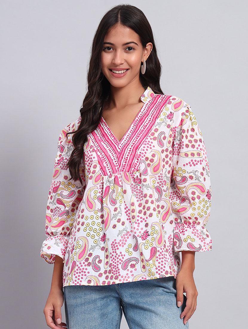 women printed puff sleeves mandarin neck top - 21921170 -  Zoom Image - 0