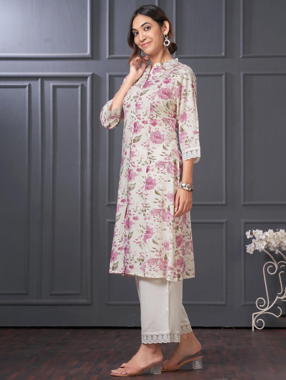 women floral three quarter sleeve kurta palazzo set - 21922350 -  Standard Image - 1