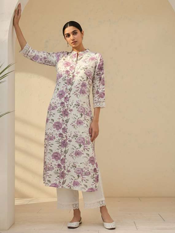 women floral three quarter sleeve kurta palazzo set - 21922350 -  Standard Image - 1