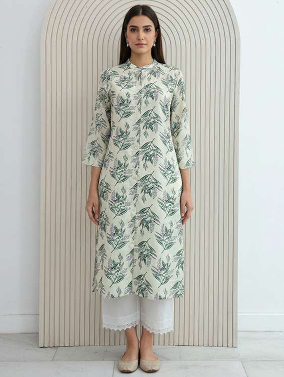 women printed three quarter sleeve kurta palazzo set