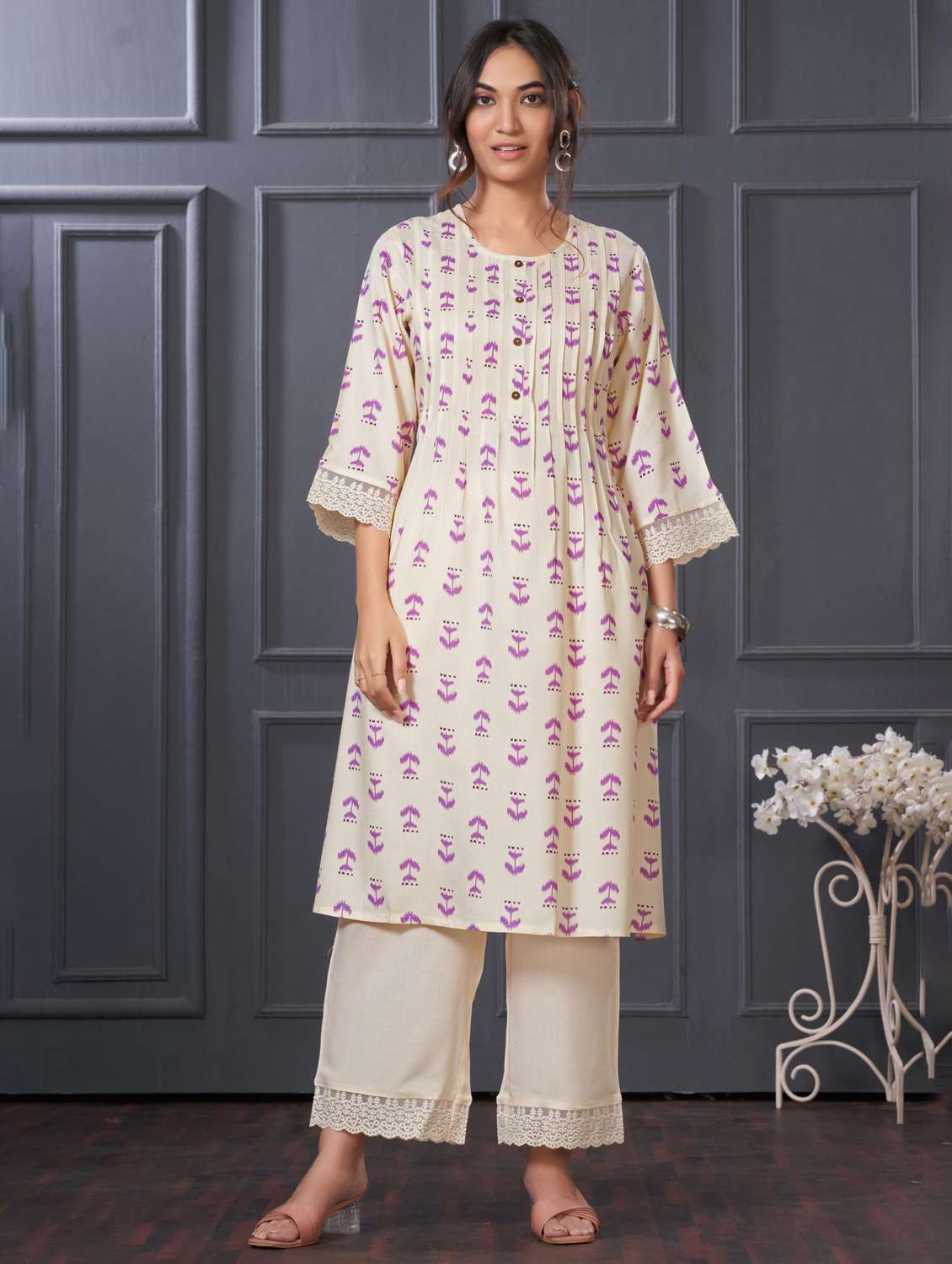 women three quarter sleeve kurta palazzo set