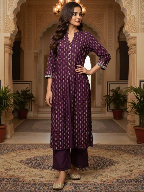 women printed three quarter sleeve kurta palazzo set - 21922356 -  Standard Image - 1