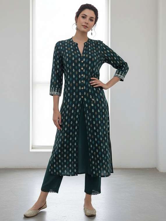 women printed three quarter sleeve kurta palazzo set