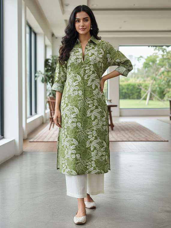 women printed long sleeve kurta palazzo set